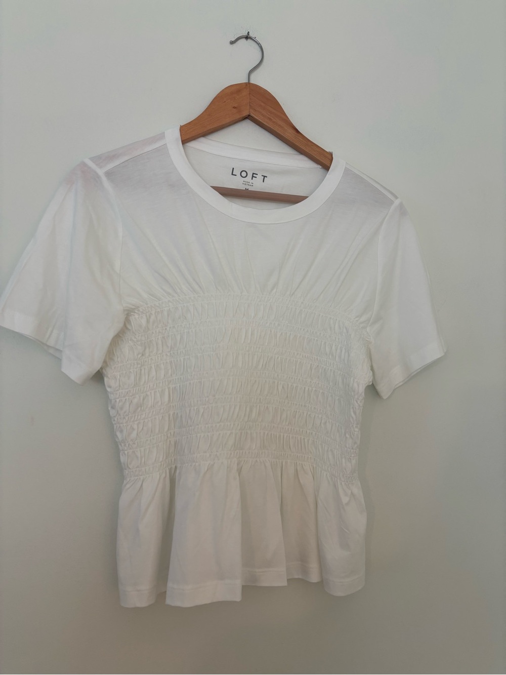 LOFT White Smocked Short Sleeve Peplum Tee